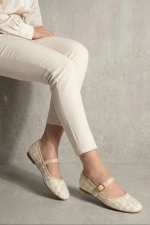 Women Beige Tweed Fabric Mary Jane Flats Fashion Buckle Comfortable Shoes Photograph-6